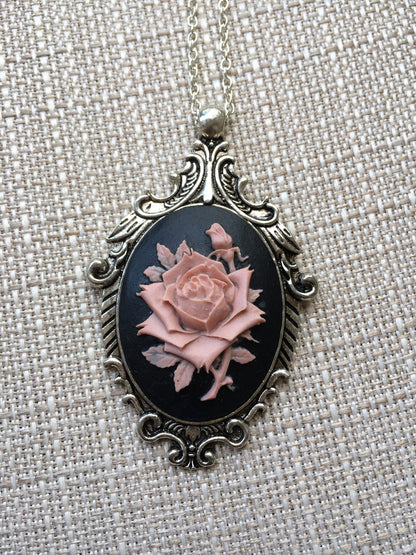 Vintage Mauve Pink and Black Rose Cameo Necklace with Ornate Antique Silver Pendant