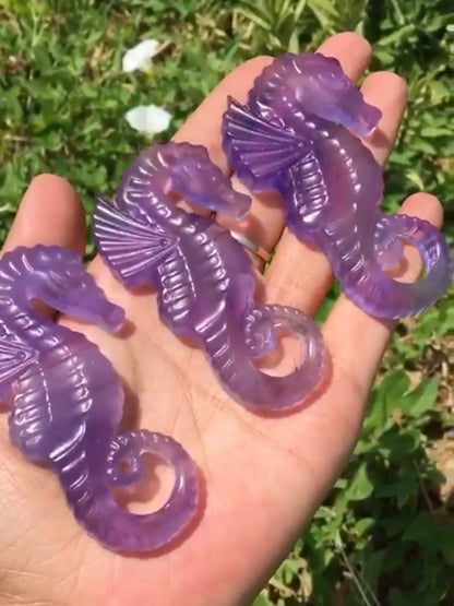 Purple Fluorite Seahorse Carving, Hand Carved Crystal FossIl, Natural Beach Theme Decor