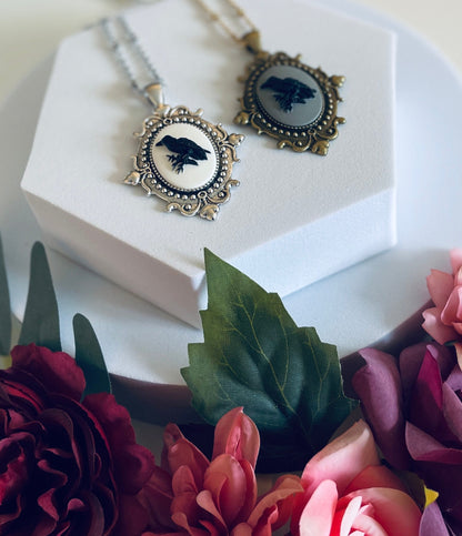Victorian Raven Cameo Necklace - Gothic Black  White with Grey - Bronze or Silver Setting Medium