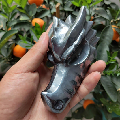 Shiny Terahertz Dragon Skull - Hand Carved Healing Crystal with Silver Hematite Dragon Head