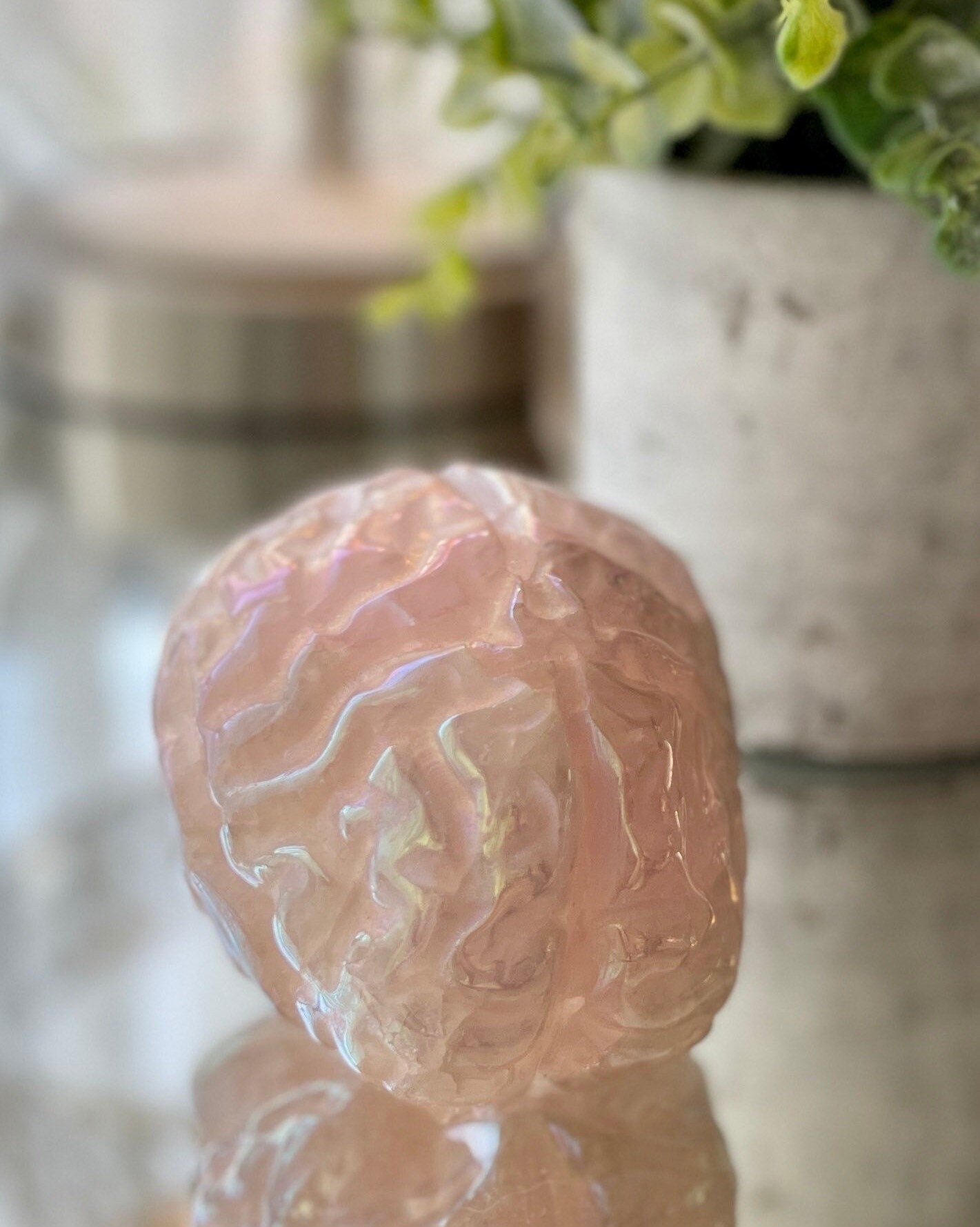 Aura Rose Quartz Crystal Human Brain Carving, Hand Carved Anatomy Meditation Stone, Healing Mind Crystals