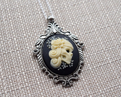 Cream and Black Vintage Lady Skull Cameo Necklace, Victorian Ornate Antique Silver Pendant