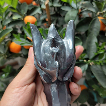 Shiny Terahertz Dragon Skull - Hand Carved Healing Crystal with Silver Hematite Dragon Head