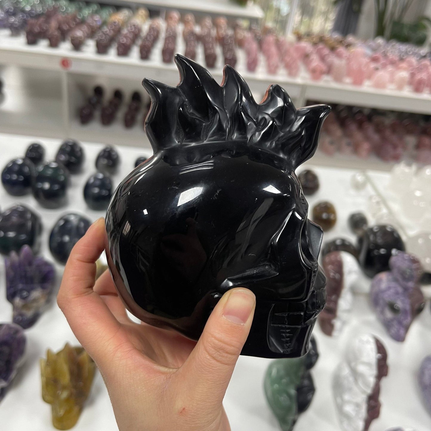 Large Obsidian Red Jasper Skull - Hand Carved Two Tone Flame Design for Meditation  Witchy Decor