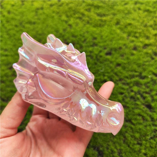 Pink Angel Aura Rose Quartz Dragon Skull Carving - Healing Crystal Decor