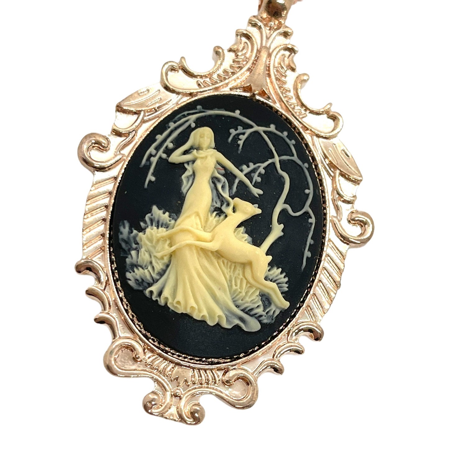 Black  Beige Fawn Cameo Necklace w Rose Gold Pendant - Artemis Huntress Design