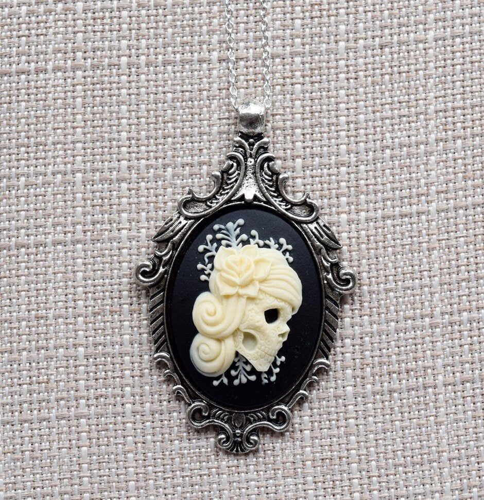 Cream and Black Vintage Lady Skull Cameo Necklace, Victorian Ornate Antique Silver Pendant