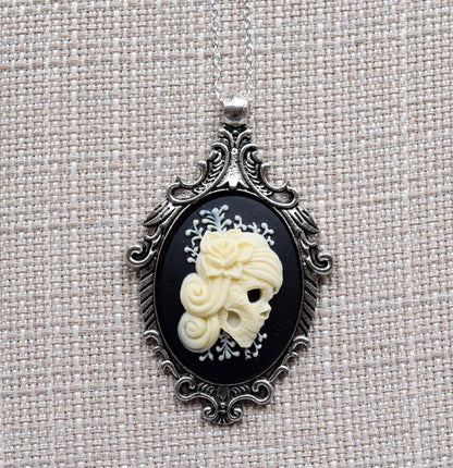 Cream and Black Vintage Lady Skull Cameo Necklace, Victorian Ornate Antique Silver Pendant