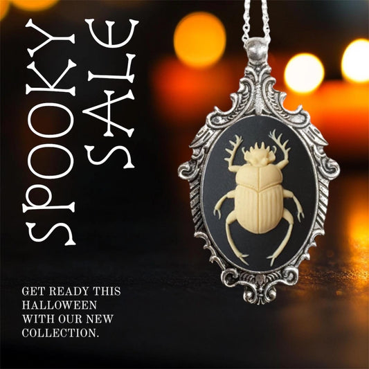 Victorian Style Beetle Cameo Necklace in Beige and Black,Insect Lover, Vintage Ornate Antique Silver, Choose Your Length