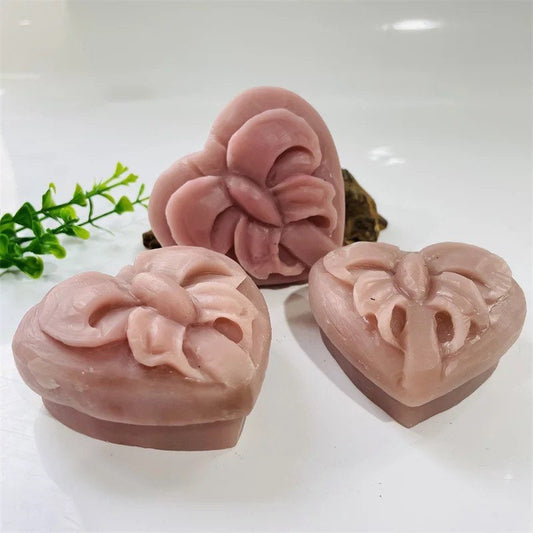 Pink Opal Heart with Bow Carving, Crystal Love Stone, Forever Flowers, Heart Chakra, Mother’s Day Gift