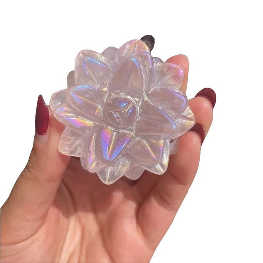 Aura Crystal Succulent Plant Carving, Rainbow Rose Quartz Green Aventurine Flower, Crystals for Meditation, Witchy Decor