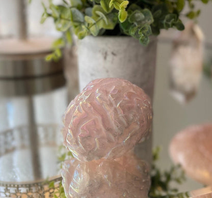 Aura Rose Quartz Crystal Human Brain Carving, Hand Carved Anatomy Meditation Stone, Healing Mind Crystals
