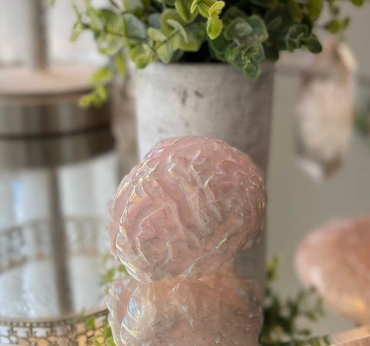 Aura Rose Quartz Crystal Human Brain Carving, Hand Carved Anatomy Meditation Stone, Healing Mind Crystals