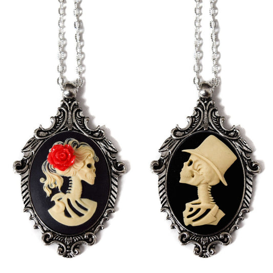 Cream and Black Lady Skull and Skeleton Man Cameo Necklace Set, Wedding Gift for Bride and Groom