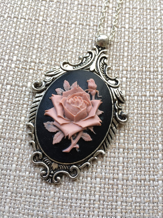Vintage Mauve Pink and Black Rose Cameo Necklace with Ornate Antique Silver Pendant
