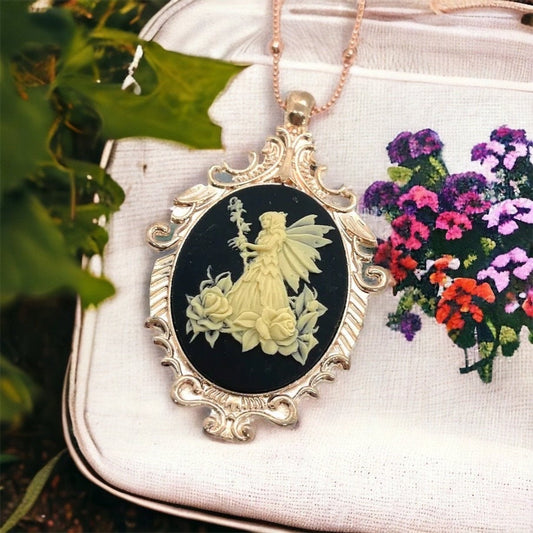 Fairy Magic Rose Gold Victorian Cameo Necklace - Beige and Black