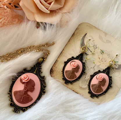 Victorian Black Lady Cameo Jewelry Set - Elegant Necklace and Earrings for Vintage Style Enthusiasts