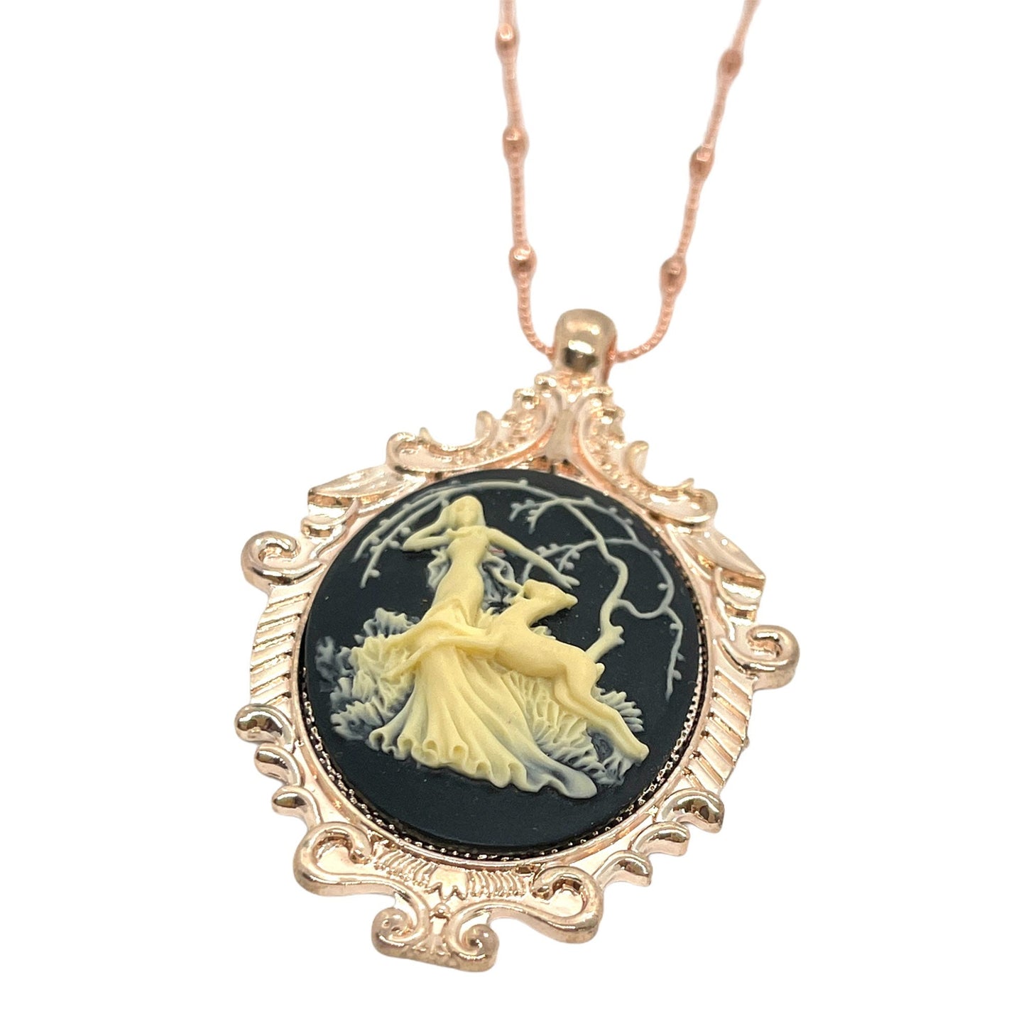 Black  Beige Fawn Cameo Necklace w Rose Gold Pendant - Artemis Huntress Design