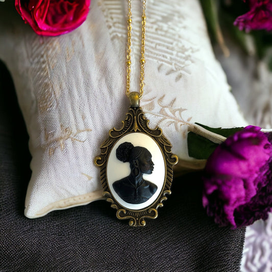 Black Lady Cameo Pendant Necklace - Antique Brass Setting