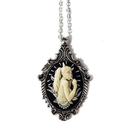 Antique Silver Devil Girl Cameo Necklace Victorian Ornate Cream and Black Pendant