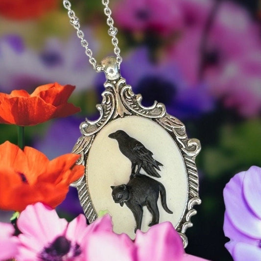 Victorian Raven Cameo Necklace - Black on Grey - Vintage Ornate Antique Silver - Birds Crow