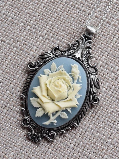 Cream and Wedgwood Blue Rose Cameo Necklace, Vintage Ornate Antique Silver Pendant