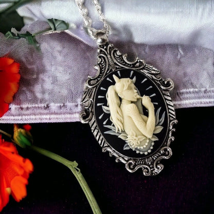 Antique Silver Devil Girl Cameo Necklace Victorian Ornate Cream and Black Pendant