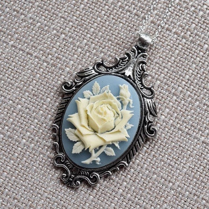 Cream and Wedgwood Blue Rose Cameo Necklace, Vintage Ornate Antique Silver Pendant