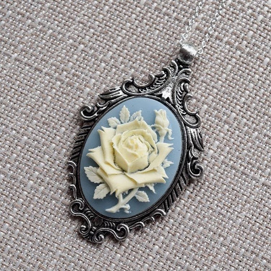 Cream and Wedgwood Blue Rose Cameo Necklace, Vintage Ornate Antique Silver Pendant