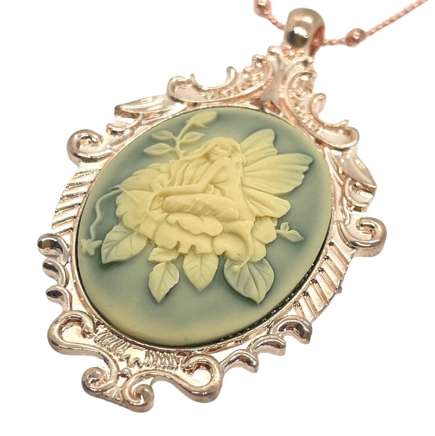 Cream Fairy Butterfly Rose Cameo Necklace, Rose Gold Victorian Ornate Pendant
