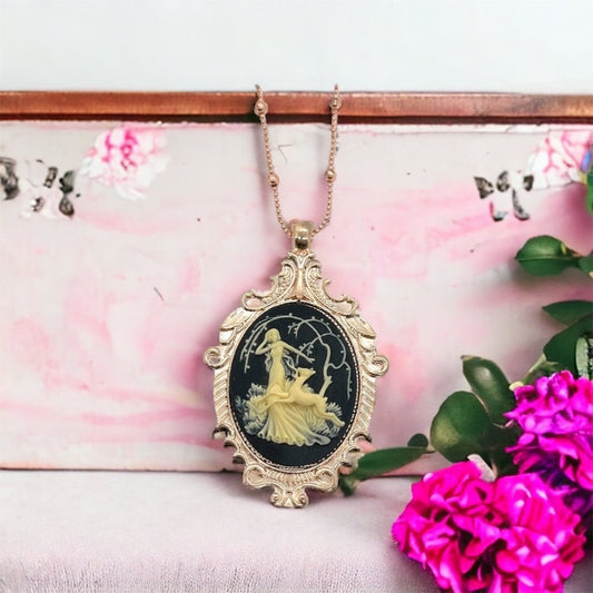 Black  Beige Fawn Cameo Necklace w Rose Gold Pendant - Artemis Huntress Design