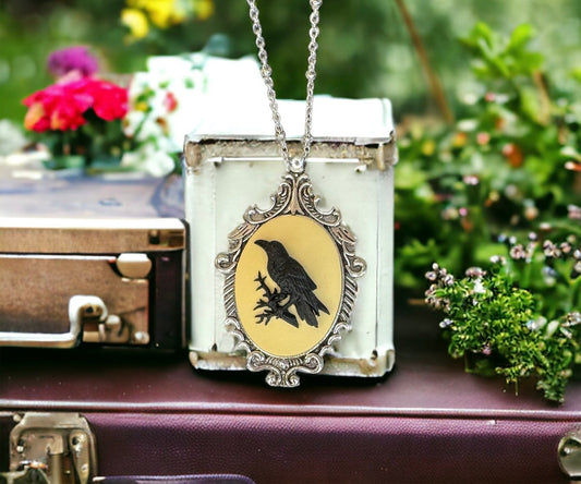 Raven on Yellow Victorian Cameo Necklace Birds Crow Vintage Silver Ornate