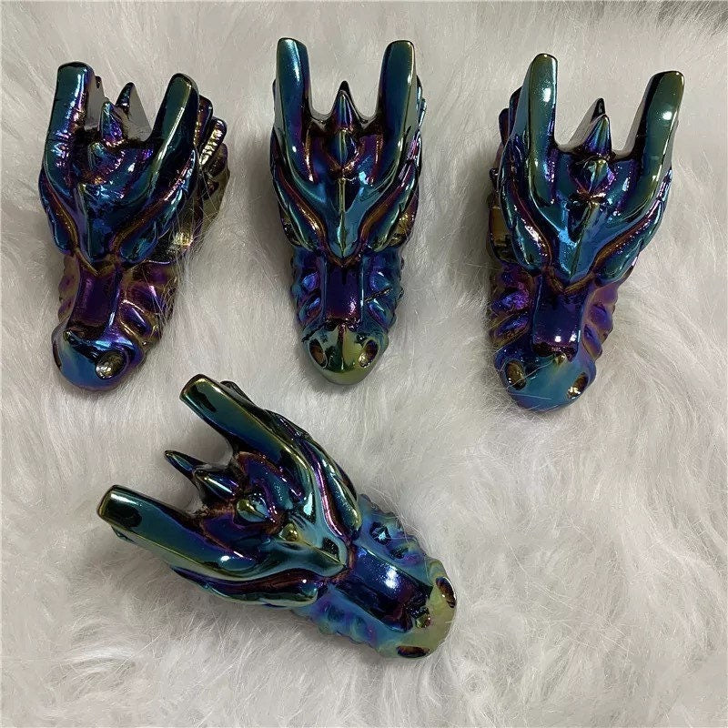 Hand Carved Dragon Skull with Rainbow Titanium  Obsidian Stone - Healing Crystal Decor