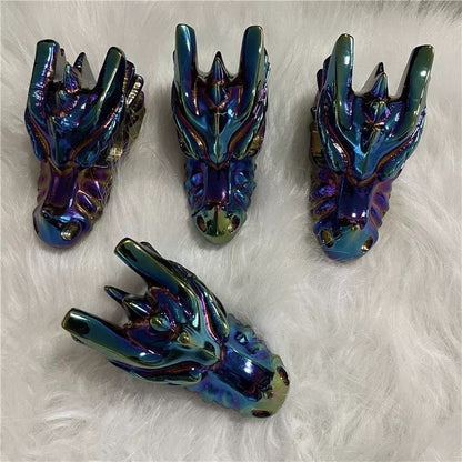 Hand Carved Dragon Skull with Rainbow Titanium  Obsidian Stone - Healing Crystal Decor