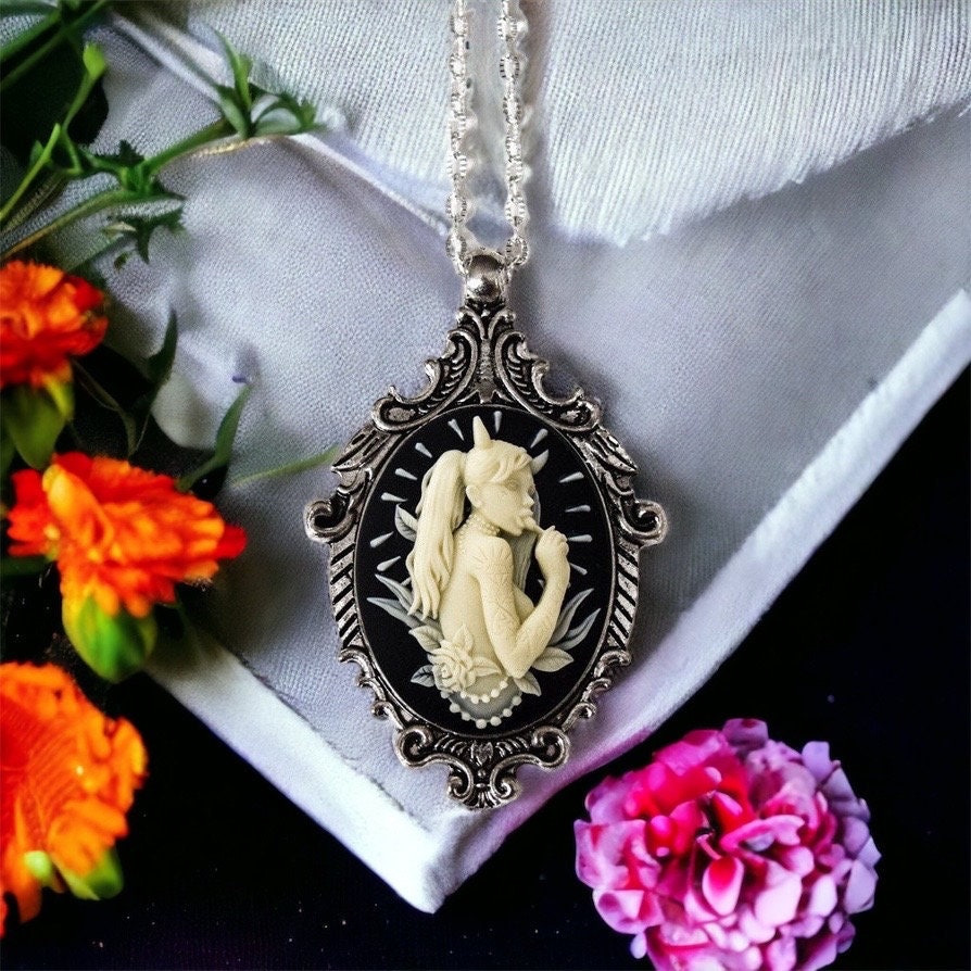 Antique Silver Devil Girl Cameo Necklace Victorian Ornate Cream and Black Pendant