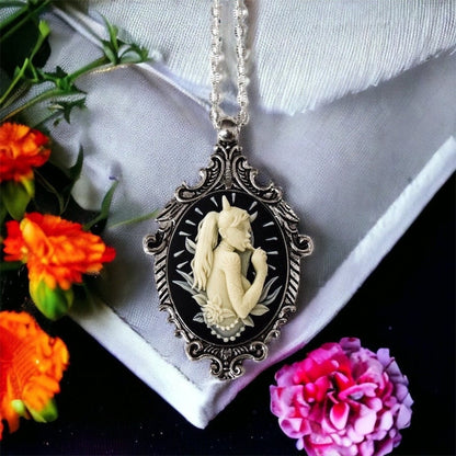 Antique Silver Devil Girl Cameo Necklace Victorian Ornate Cream and Black Pendant