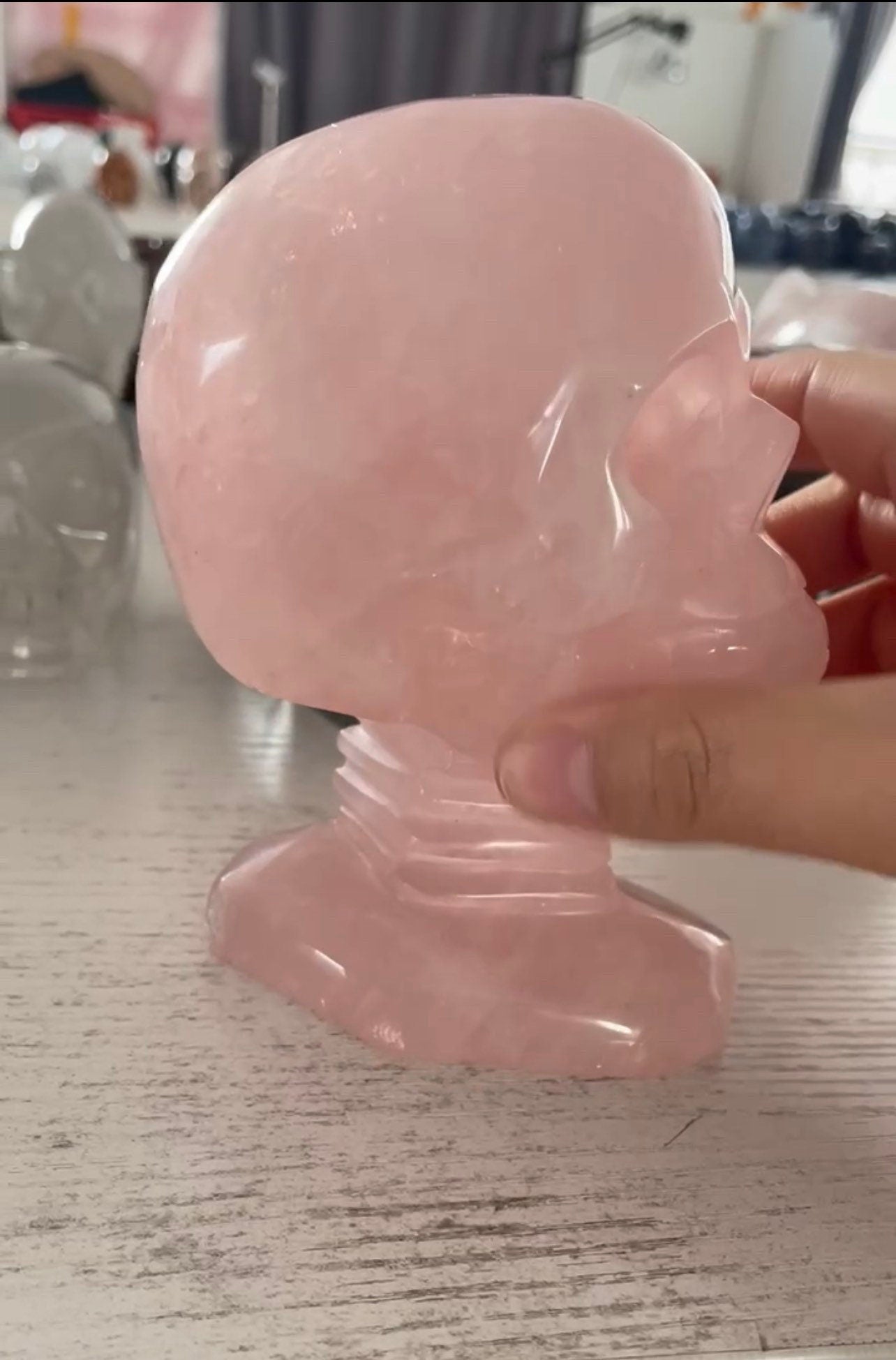 Realistic Rose Quartz Skull with Fitted Pedestal - Handmade Crystal Art