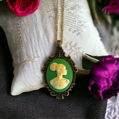 Black Lady Cameo Pendant Necklace - Antique Brass Setting