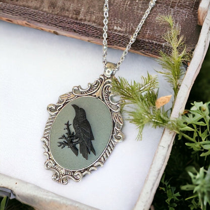 Victorian Raven Cameo Necklace - Black on Grey - Vintage Ornate Antique Silver - Birds Crow