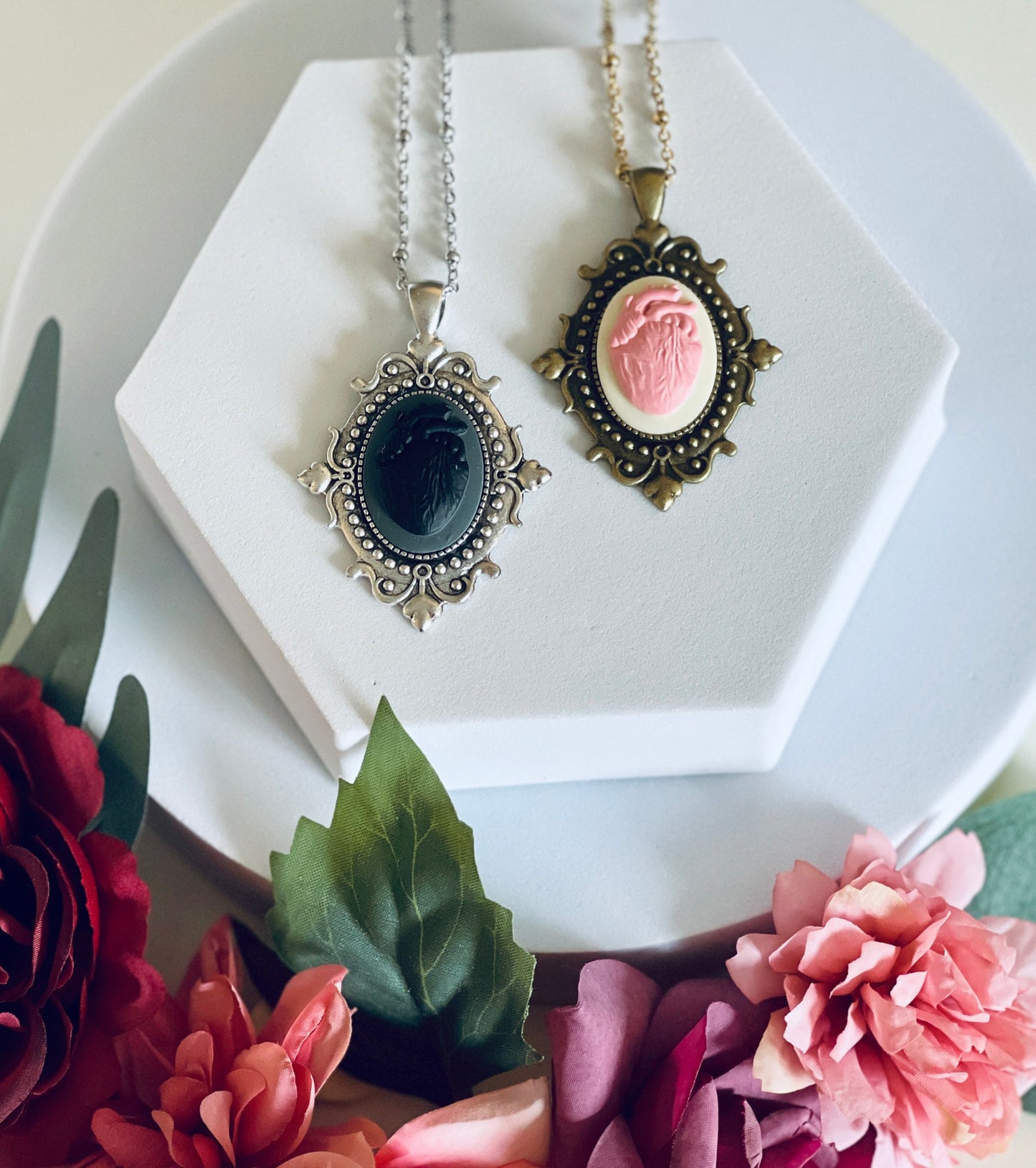 Anatomical Heart Cameo Pendant Necklace - Gothic Victorian Bronze or Silver Setting Medium