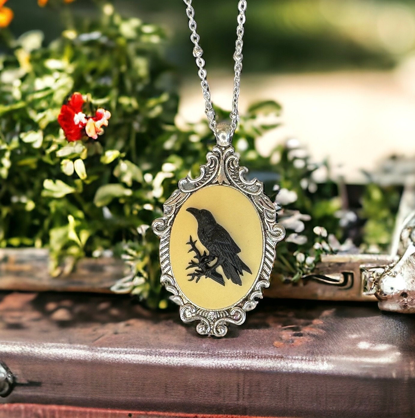 Raven on Yellow Victorian Cameo Necklace Birds Crow Vintage Silver Ornate