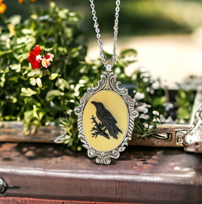 Raven on Yellow Victorian Cameo Necklace Birds Crow Vintage Silver Ornate