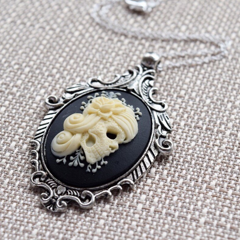 Cream and Black Vintage Lady Skull Cameo Necklace, Victorian Ornate Antique Silver Pendant