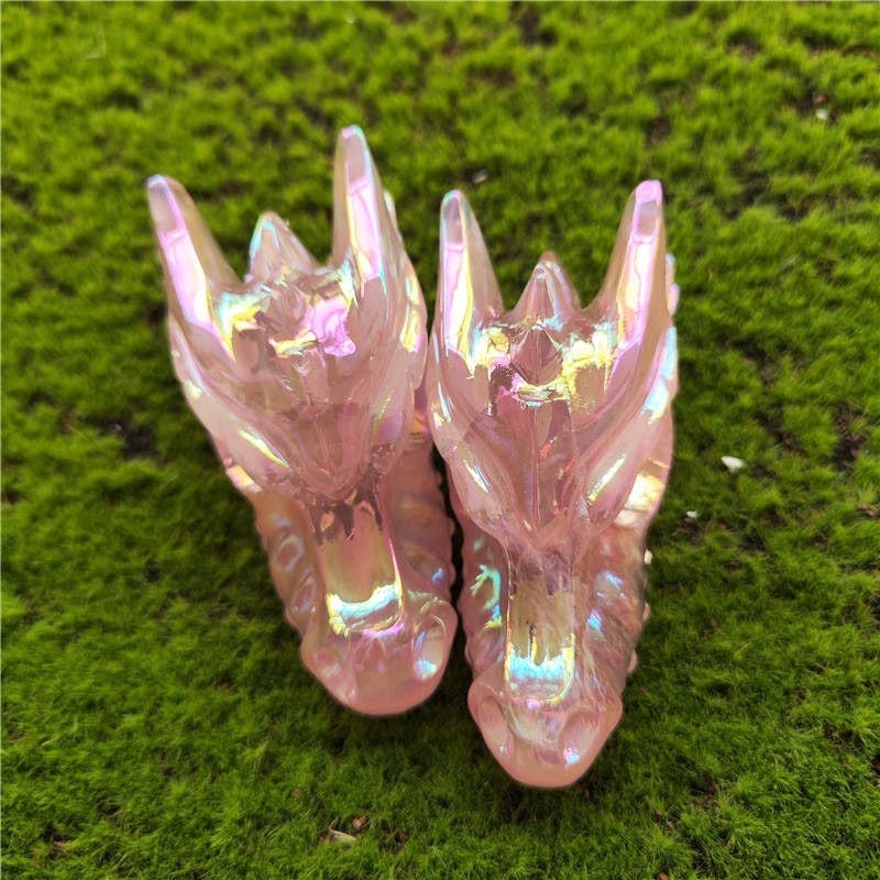 Pink Angel Aura Rose Quartz Dragon Skull Carving - Healing Crystal Decor