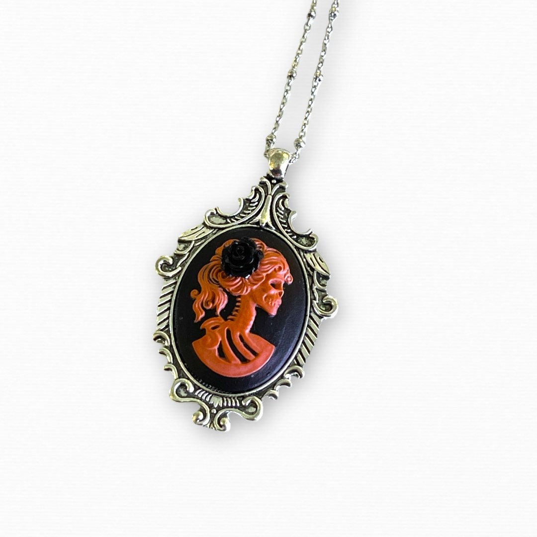 Red Skeleton Lady Pendant Necklace, Gothic Cameo Set in Victorian Bronze or Silver Setting
