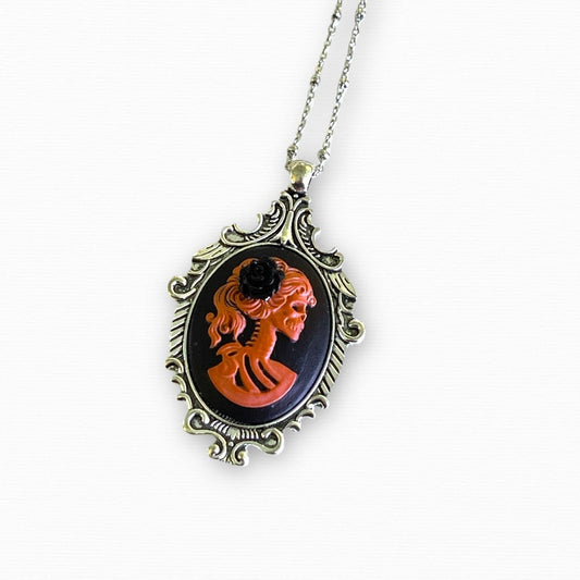 Red Skeleton Lady Pendant Necklace, Gothic Cameo Set in Victorian Bronze or Silver Setting