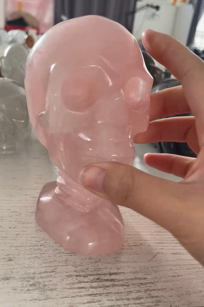 Realistic Rose Quartz Skull with Fitted Pedestal - Handmade Crystal Art