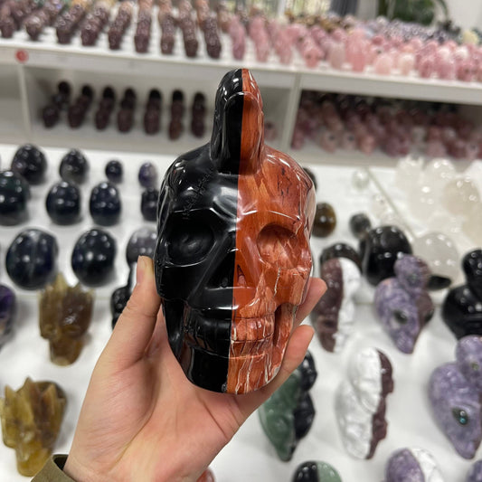 Large Obsidian Red Jasper Skull - Hand Carved Two Tone Flame Design for Meditation  Witchy Decor