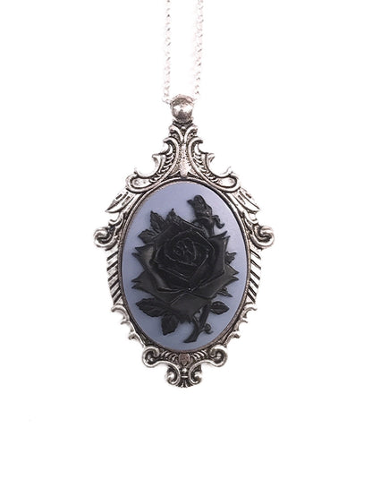 Victorian Rose Cameo Necklace Black and Blue with Satellite Chain - Elegant and Versatile