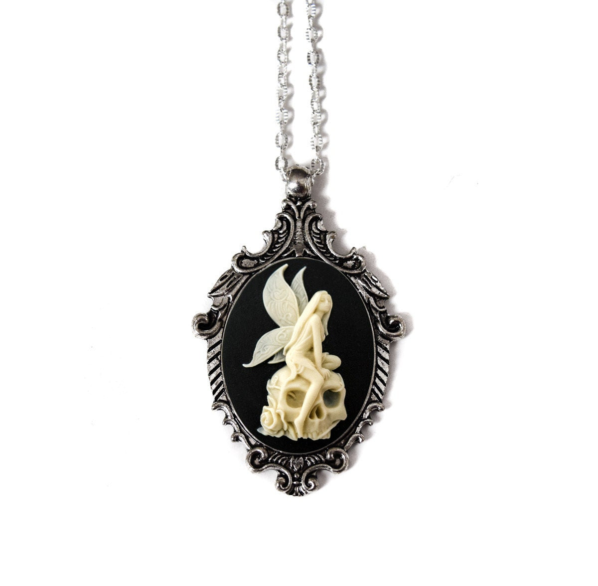 Victorian Angel Skull Cameo Necklace in Cream and Black Antique Silver Pendant - Gothic Jewelry